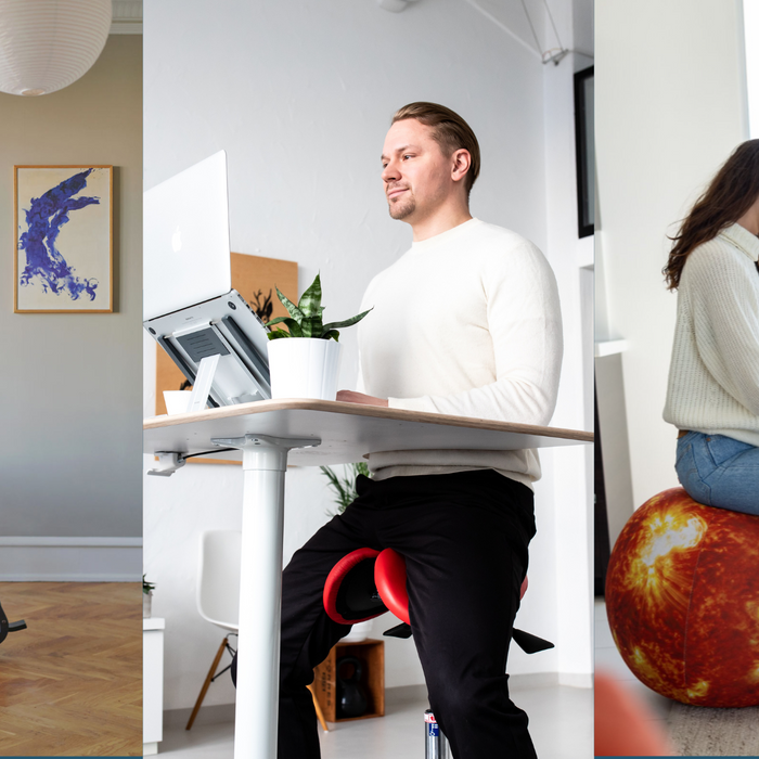 an image with three different styles of active sitting chairs. 