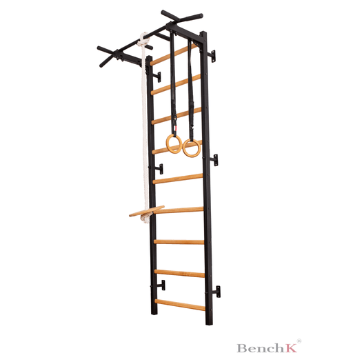 Black BenchK wall bar with steel pull-up bar and gymnastics accessories elegantly hanging, set against a white background.