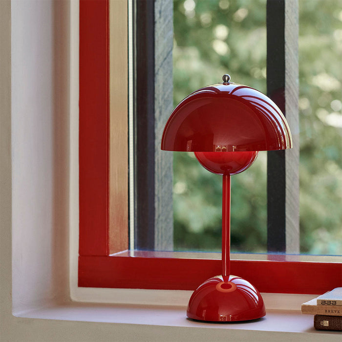 Vermillion Red &Tradition VP9 Flowerpot Portable Table Lamp on window sill.