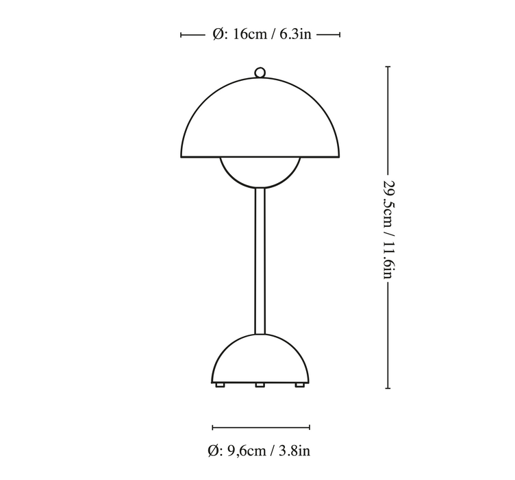 Illustration of dimensions for the &Tradition VP9 Flowerpot Portable Table Lamp