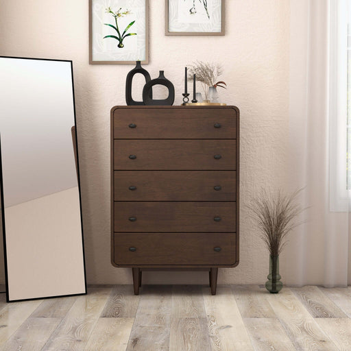 Alexa Mid Century Modern 5- Drawer Brown Dresser | Ashcroft Furniture | TX | The Best Drop shipping Supplier in the USA