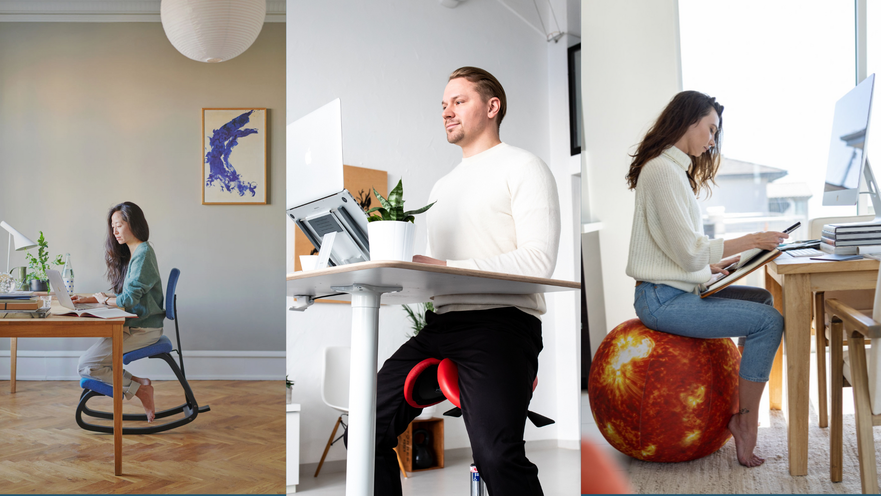 an image with three different styles of active sitting chairs. 