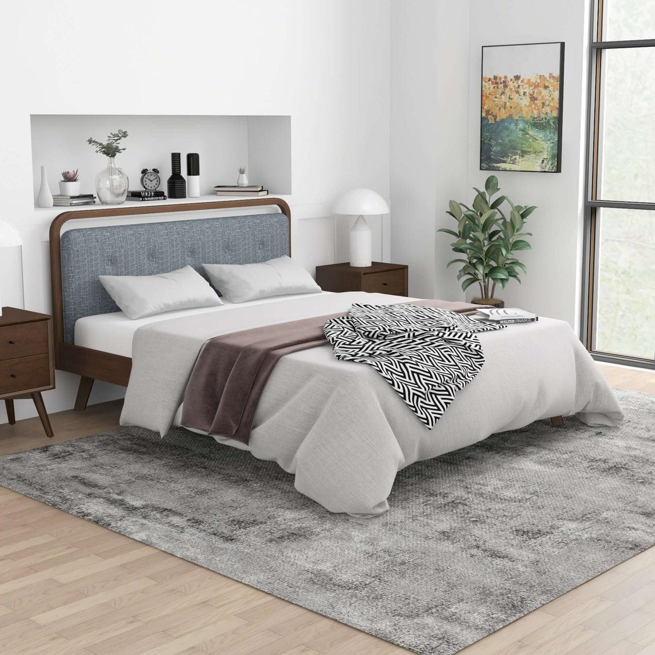 platform bed in modern condo bedroom