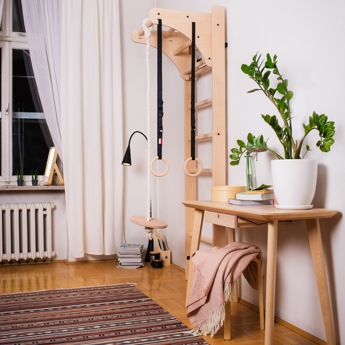 BenchK 111 Solid Wood Wall Bar with Adjustable Pull-Up Bar and Gymnastics Accessories