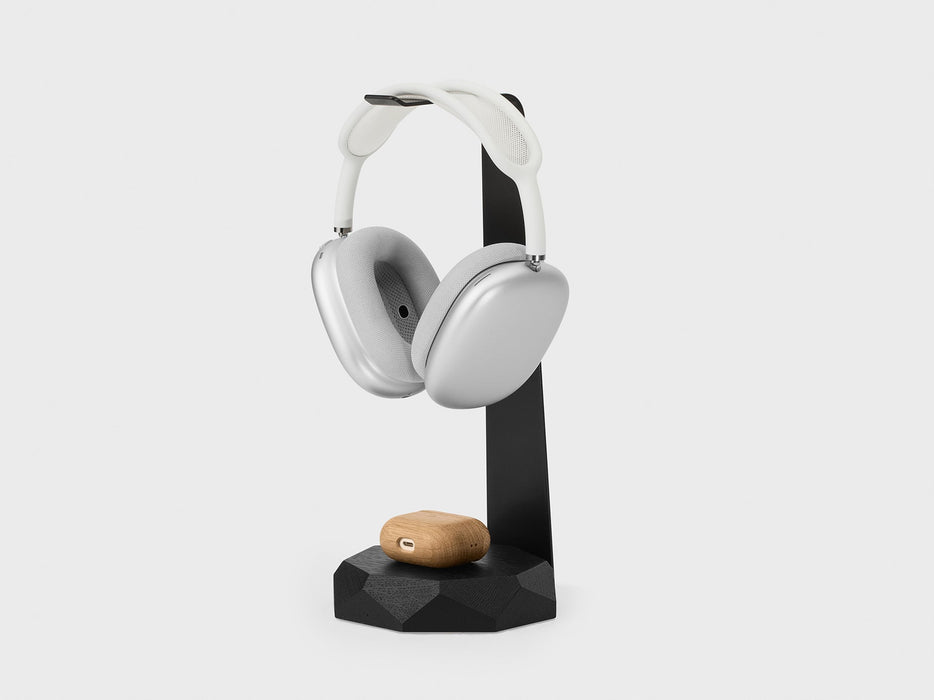 Oakywood: Black 2-in-1 Headphones Stand with Wireless Charger | Sleek Black Finish with airpods on charger .